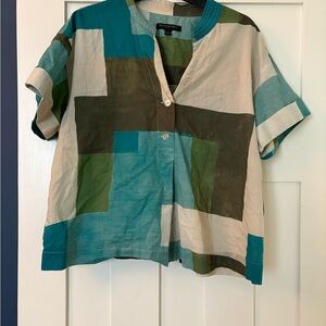 Banana Republic Blue, Green and Cream Boxy Button Down Blouse